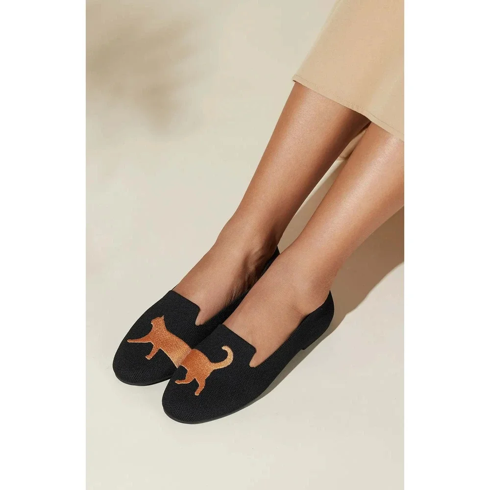 VIVAIA Audrey Black Cat Embroidered Knit Loafers Womens US 9 EU 40